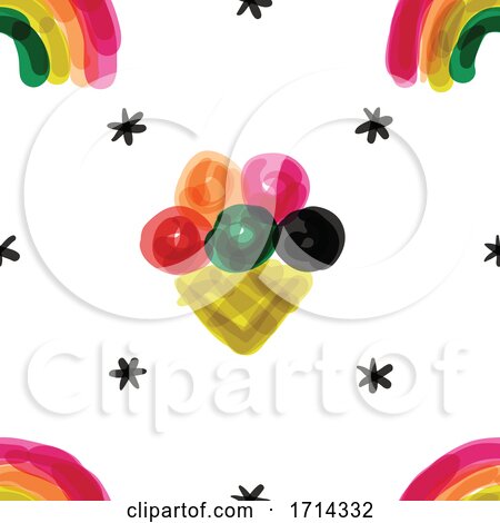 Watercolor Painted Styled Rainbow and Ice Cream Seamless Background Pattern by elena