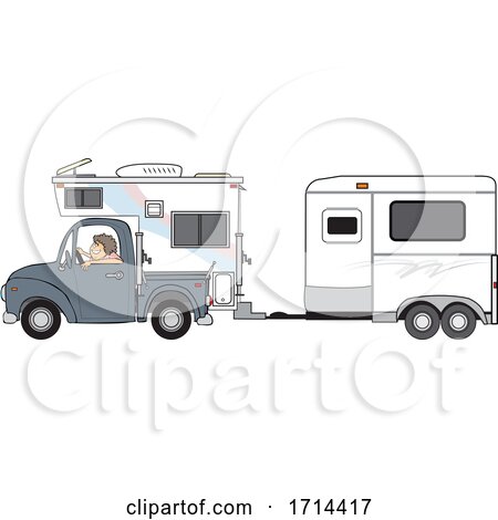 Woman Driving a Pickup Truck with a Camper and Hauling a Horse Trailer by djart