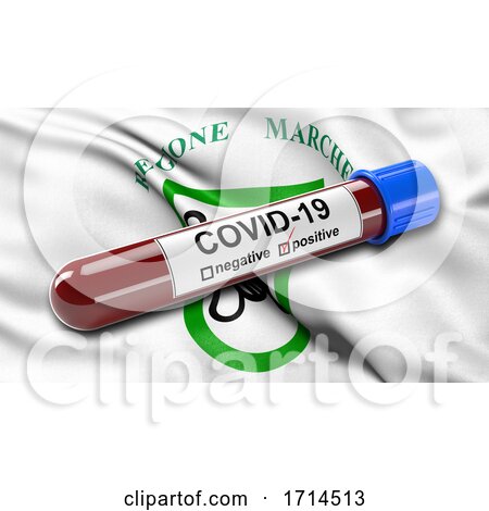 Italian State Flag of Marche Waving in the Wind with a Positive Covid 19 Blood Test Tube by stockillustrations