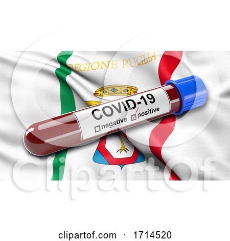 Italian State Flag of Apulia Waving in the Wind with a Positive Covid 19 Blood Test Tube by stockillustrations