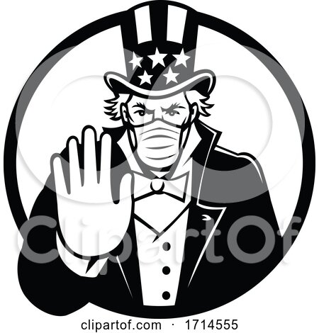Uncle Sam Wearing Mask Stop Hand Signal Black and White by patrimonio