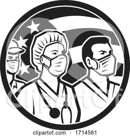 American Healthcare Workers Wearing Masks over a Flag by patrimonio