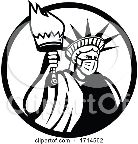 Statue of Liberty Holding a Torch and Wearing a Covid Face Mask Black and White by patrimonio