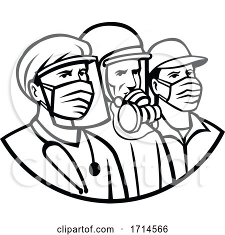 Essential Workers Wearing Mask As Heroes Black and White Retro by patrimonio