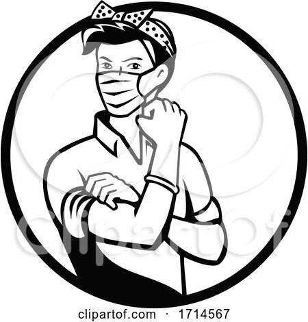 Rosie the Riveter Wearing Mask Circle Black and White by patrimonio