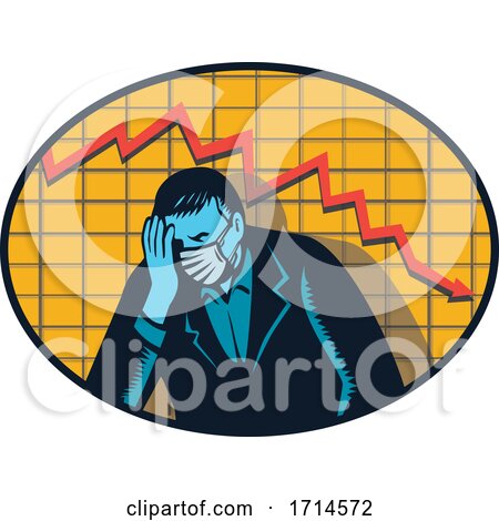 Depressed Businessman Wearing a Mask over a Decline Arrow by patrimonio