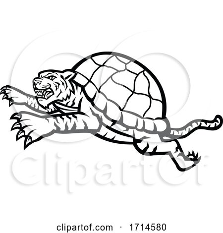 Turtle Tiger Leaping Side Black and White by patrimonio