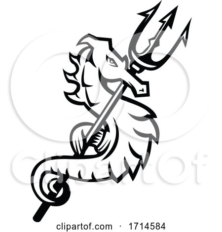 Seahorse with Trident Mascot Black and White by patrimonio