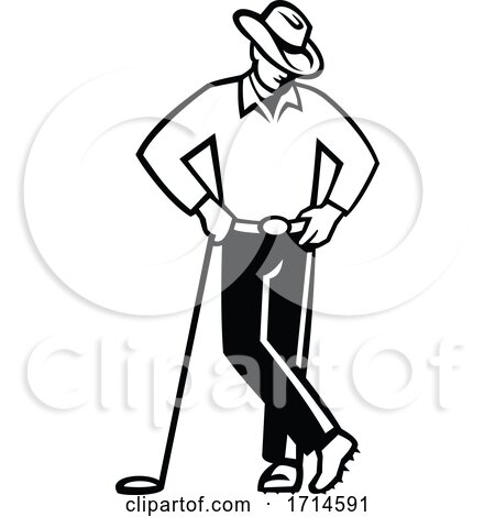 Cowboy Golfer Leaning Golf Club Black and White by patrimonio