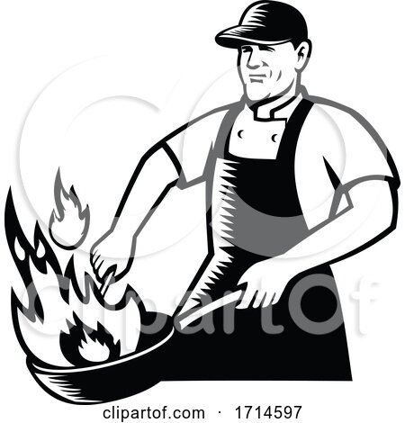 Chef Cooking Flaming Pan Black and White by patrimonio
