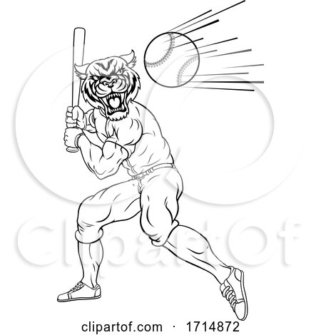 Tiger Baseball Player Mascot Swinging Bat at Ball by AtStockIllustration