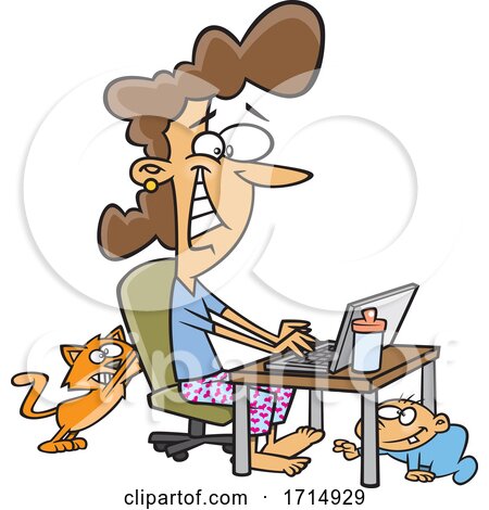 Cartoon Woman Working at Home As Her Baby Crawls and Cat Scratches Her Chair by toonaday