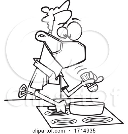 Cartoon Black and White Careful Man Wearing a Mask and Cooking by toonaday