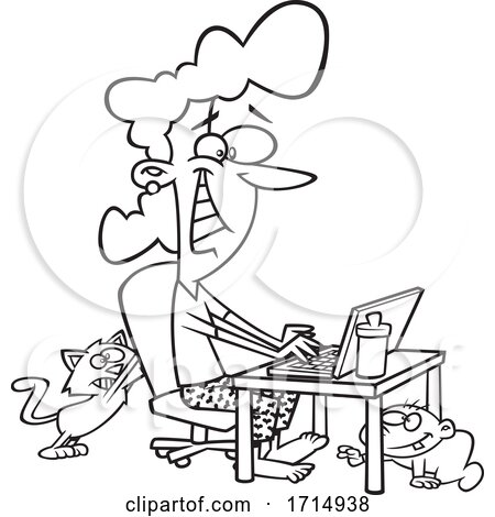 Cartoon Black and White Woman Working at Home As Her Baby Crawls and Cat Scratches Her Chair by toonaday