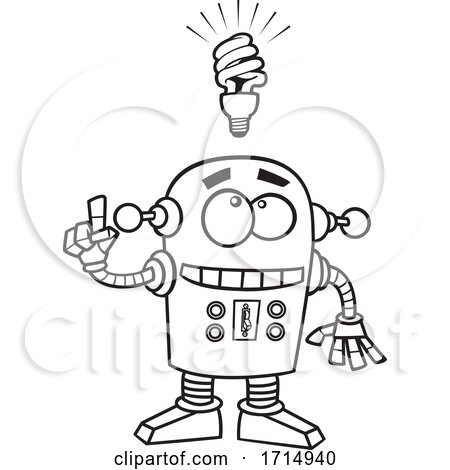 Cartoon Black and White Robot with an Idea by toonaday