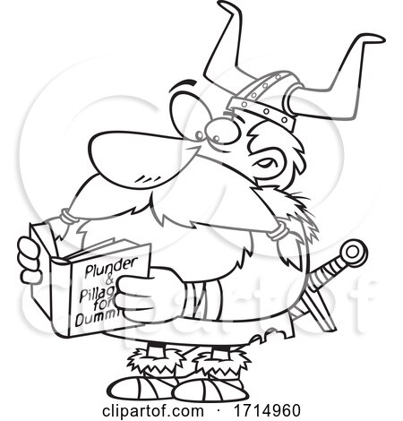 Cartoon Black and White Viking Reading a Book by toonaday