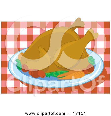 Cooked Thanksgiving Turkey Bird Served On A Platter With Vegetables Over A Red And White Checkered Table Cloth Clipart Illustration by Maria Bell