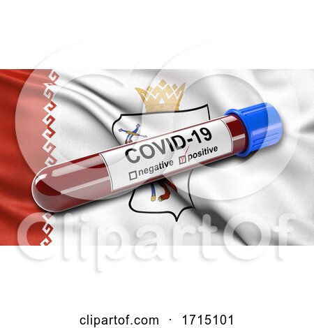 Flag of the Mari El Republic Waving in the Wind with a Positive Covid 19 Blood Test Tube by stockillustrations
