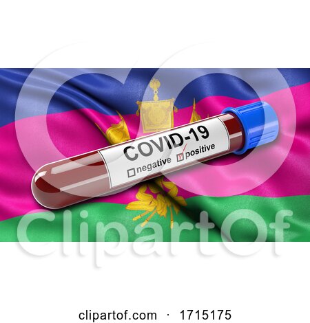 Flag of Krasnodar Krai Waving in the Wind with a Positive Covid 19 Blood Test Tube by stockillustrations