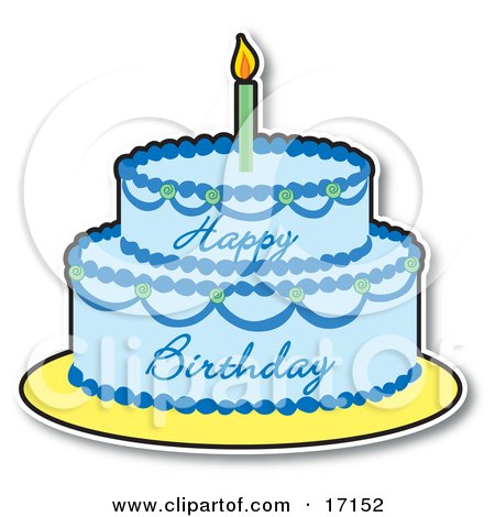 Two Layered Birthday Cake With Blue Frosting And A Lit Candle On Top Clipart Illustration by Maria Bell