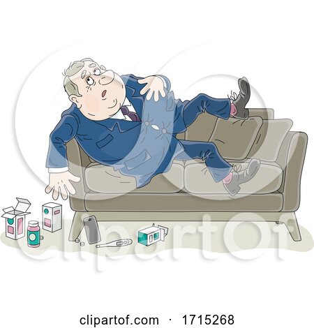 Fat Businessman on a Couch with Medicine on the Floor by Alex Bannykh