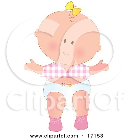 Caucasian Baby Girl With A Yellow Bow In Her Hair, Wearing A Pink Checkered Shirt And White Diaper While Taking Her First Steps Clipart Illustration by Maria Bell