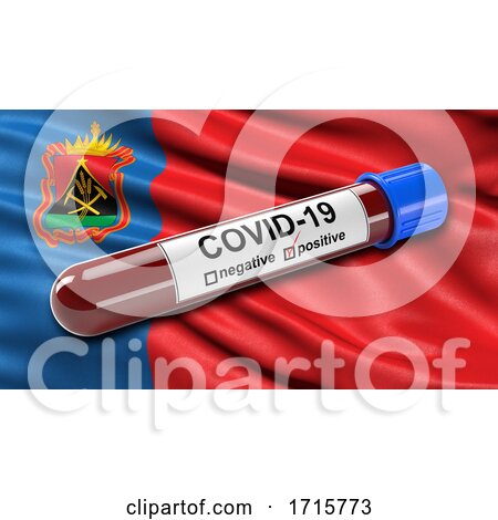 Flag of Kemerovo Oblast Waving in the Wind with a Positive Covid 19 Blood Test Tube by stockillustrations