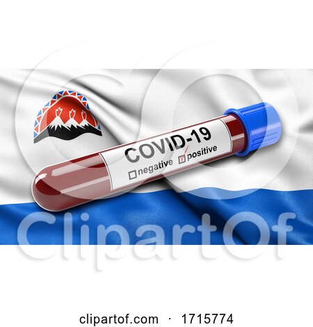 Flag of Kamchatka Krai Waving in the Wind with a Positive Covid 19 Blood Test Tube by stockillustrations