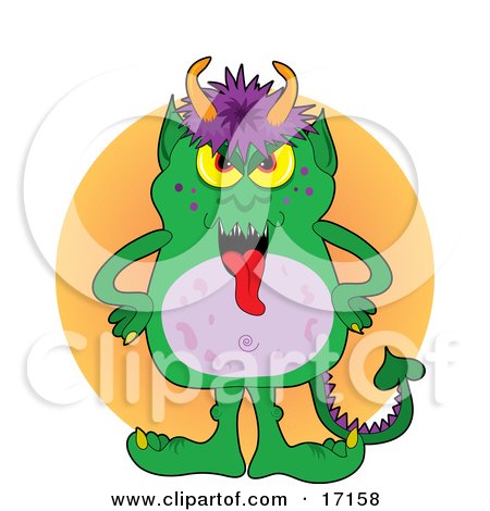 Green Monster With Purple Hair And Horns On His Head Clipart Illustration by Maria Bell