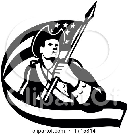 American Patriot Revolutionary Soldier Waving USA Flag Retro Black and White by patrimonio