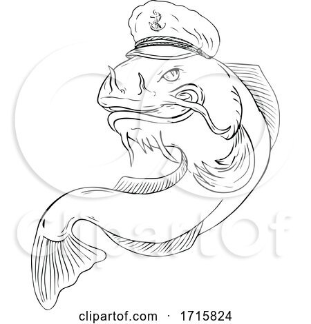 Captain Catfish Wearing Cap Jumping Drawing Black and White by patrimonio