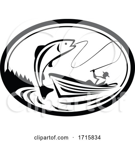 Fly Fisherman Fishing Boat Reeling Trout Oval Retro Black and White by patrimonio