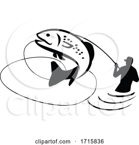 Fly Fisherman Reeling Trout Black and White Retro by patrimonio