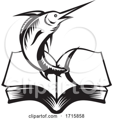 Blue Marlin Fish Jumping out of Book Woodcut Retro Black and White by patrimonio