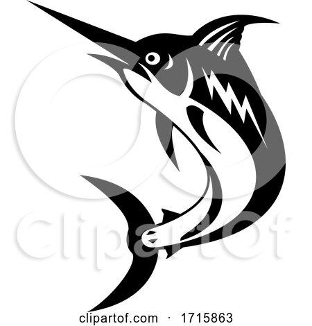 Blue Marlin Jumping up Retro Black and White by patrimonio