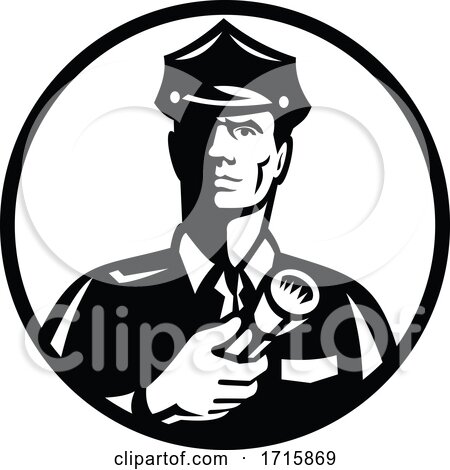 Security Guard with Flashlight Front View Circle Retro Black and White by patrimonio