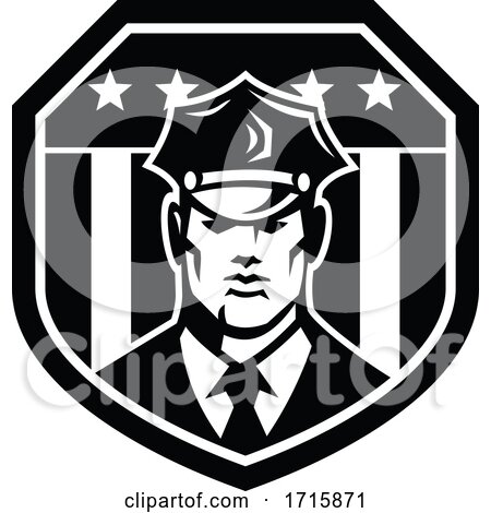 American Policeman or Security Guard USA Flag Badge Retro Black and White by patrimonio