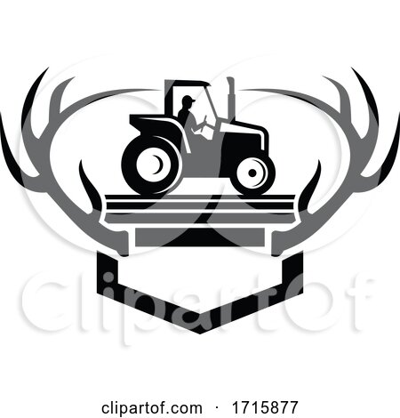 White Tail Deer Antler with Vintage Farm Tractor Side View Retro Black and White by patrimonio
