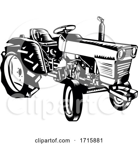 Vintage Farm Tractor Side View Woodcut Black and White by patrimonio