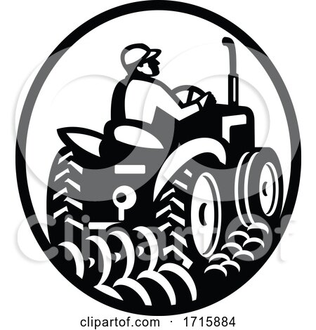 Organic Farmer Plowing Field with Vintage Tractor Oval Retro Monochrome by patrimonio