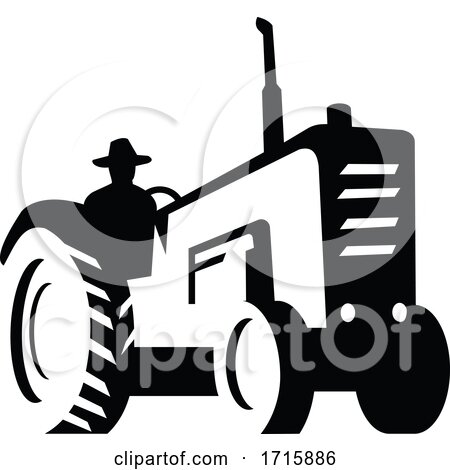 Organic Farmer Driving Vintage Farm Tractor Silhouette Retro Monochrome by patrimonio