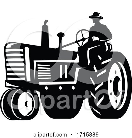 Organic Farmer Driving Vintage Tractor Retro Silhouette Black and White by patrimonio