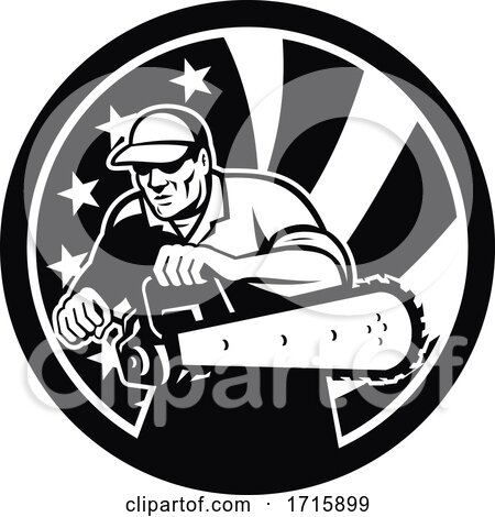 American Arborist with Chainsaw and USA Star Spangled Banner Black and White by patrimonio