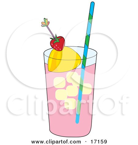 Tall Glass Of Pink Strawberry Or Raspberry Lemonade With Ice And A Straw, Garnished With A Lemon Wedge And A Strawberry Clipart Illustration by Maria Bell