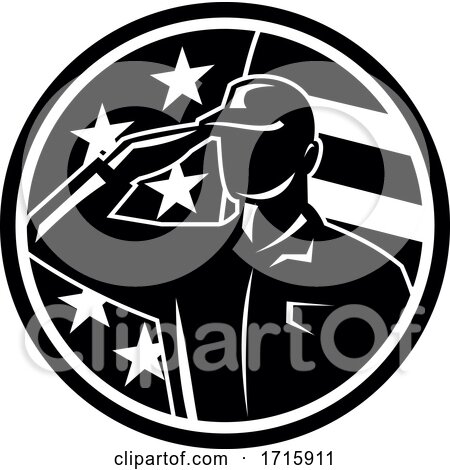 American Soldier Serviceman Saluting Flag Circle Retro Black and White by patrimonio