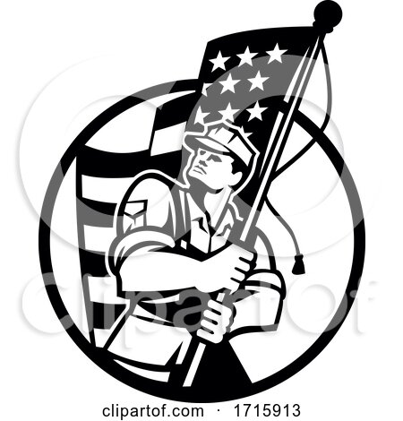 American Patriot Soldier Holding USA Star Spangled Banner Flag Retro Black and White by patrimonio