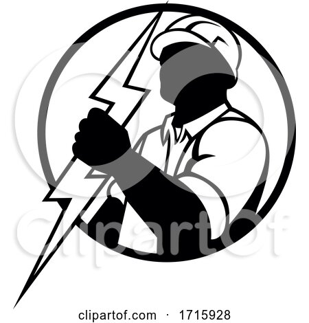Electrician Holding Lightning Bolt Mascot Circle Black and White by patrimonio