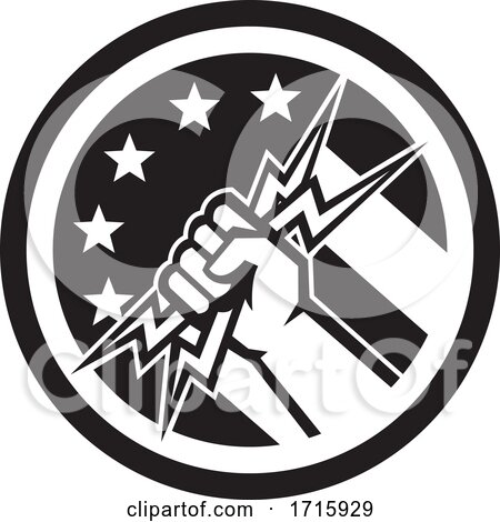 Electrician Hand Pipe Holding Lightning Bolt USA Flag Circle Icon Black and White by patrimonio