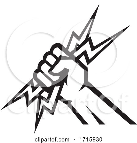 Electrician Hand Holding Lightning Bolt Side View Icon Black and White by patrimonio