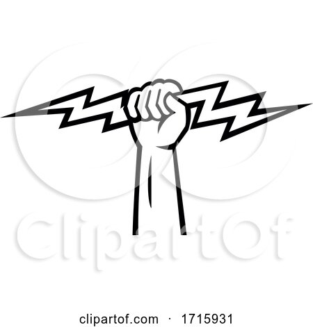 Electrician Power Lineman Hand Holding Lightning Bolt Retro Black and White by patrimonio